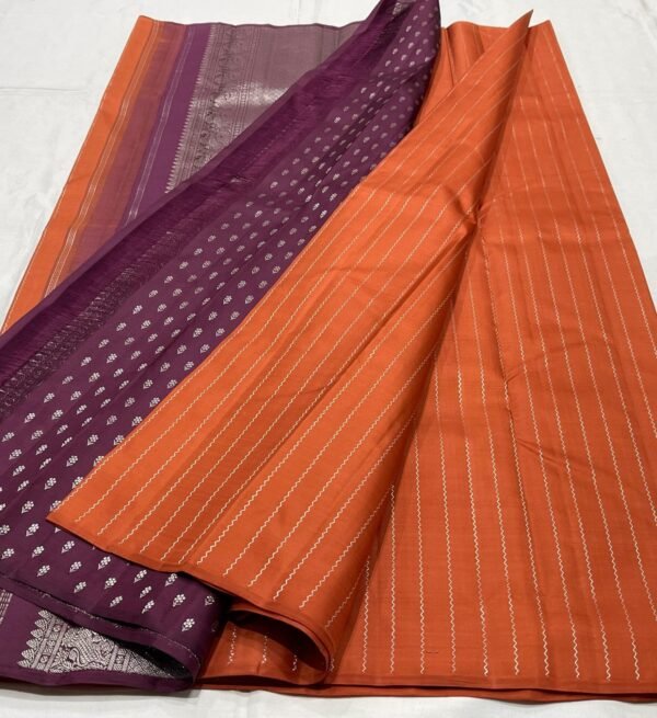 Orange Kanjivaram Silk Saree with Coffee Brown Border