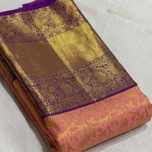 Pastel Orange Kanjivaram Silk Saree with Purple