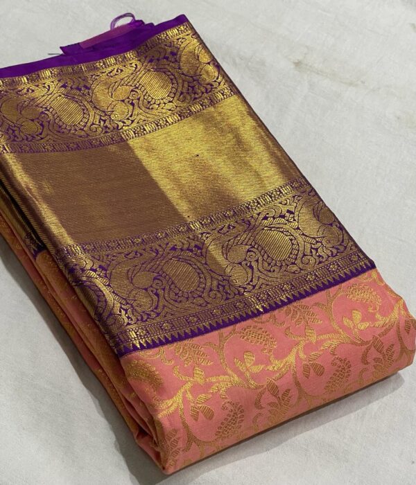 Pastel Orange Kanjivaram Silk Saree with Purple