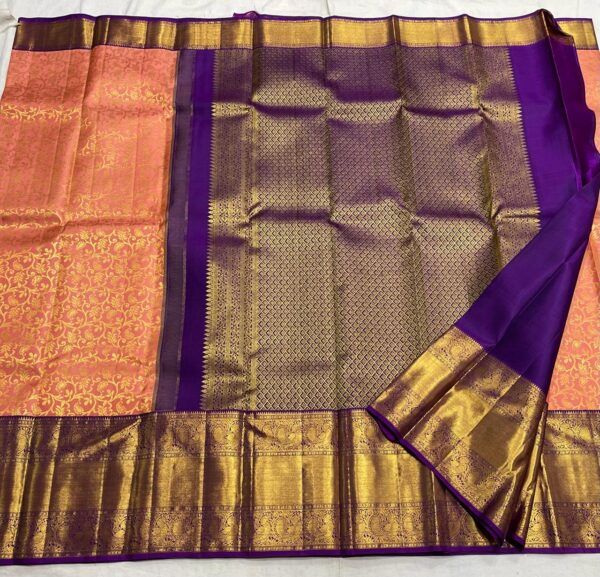 Pastel Orange Kanjivaram Silk Saree with Purple