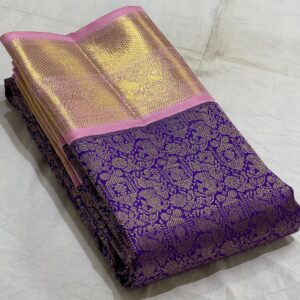 Kanjivaram Silk Saree in Ink Blue and Baby Pink