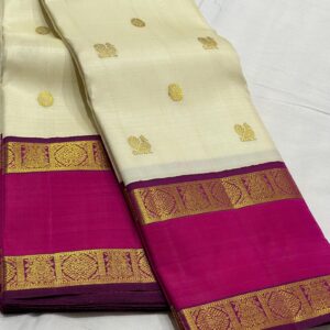 Retta Patta Kanjivaram Silk Saree – Cream Body with Rani Pink Border