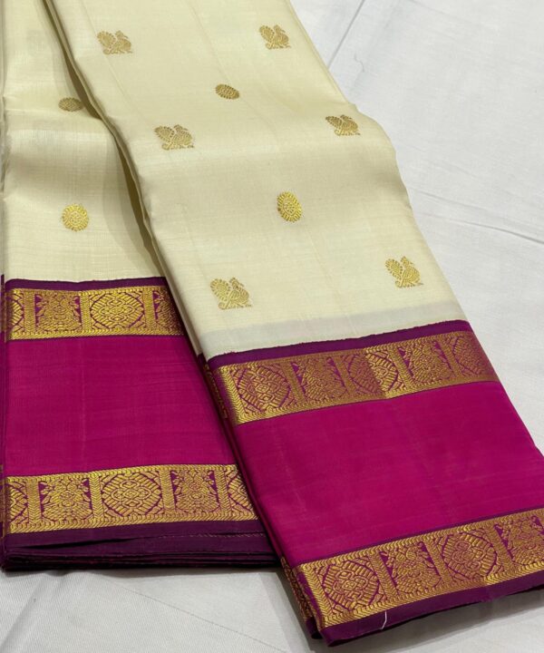 Retta Patta Kanjivaram Silk Saree – Cream Body with Rani Pink Border