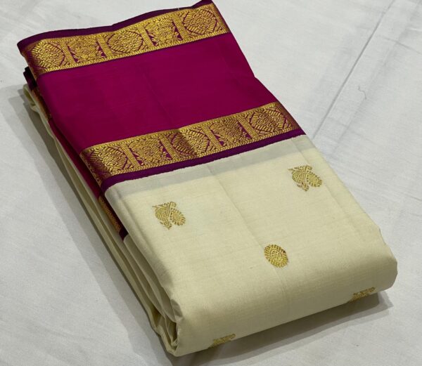 Retta Patta Kanjivaram Silk Saree – Cream Body with Rani Pink Border