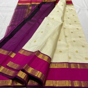 Retta Patta Kanjivaram Silk Saree – Cream Body with Rani Pink Border