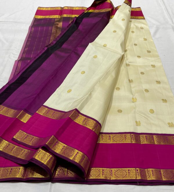 Retta Patta Kanjivaram Silk Saree – Cream Body with Rani Pink Border