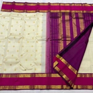 Retta Patta Kanjivaram Silk Saree – Cream Body with Rani Pink Border