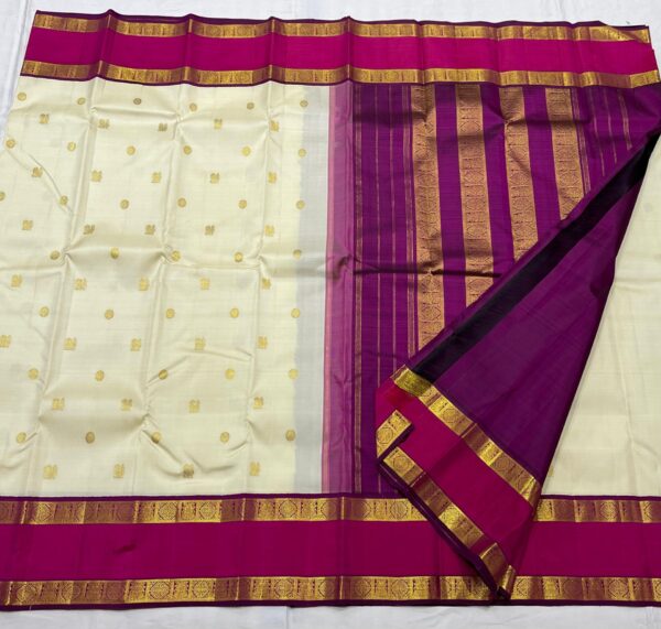 Retta Patta Kanjivaram Silk Saree – Cream Body with Rani Pink Border