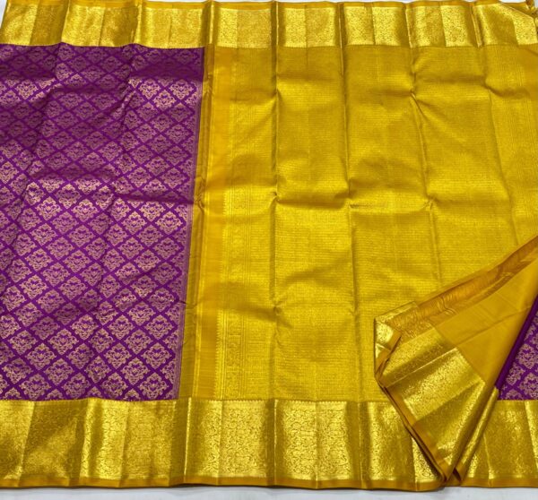 Kanjivaram silk saree in purple body color with mango yellow