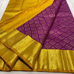 Kanjivaram silk saree in purple body color with mango yellow