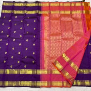 Kanjivaram Silk Saree in Purple with Pink and Orange Pallu