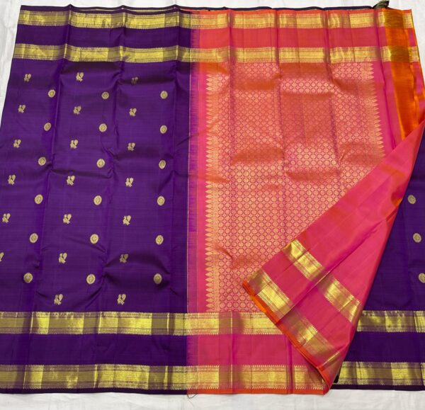 Kanjivaram Silk Saree in Purple with Pink and Orange Pallu