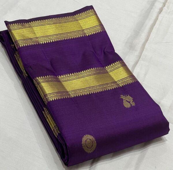 Kanjivaram Silk Saree in Purple with Pink and Orange Pallu