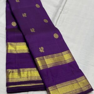 Kanjivaram Silk Saree in Purple with Pink and Orange Pallu