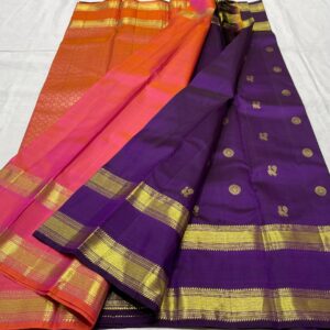 Kanjivaram Silk Saree in Purple with Pink and Orange Pallu