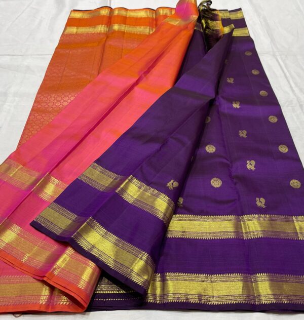 Kanjivaram Silk Saree in Purple with Pink and Orange Pallu