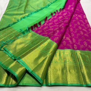 Kanjivaram Silk Saree in Dark Rani Pink and Parrot Green