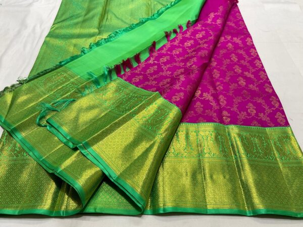 Kanjivaram Silk Saree in Dark Rani Pink and Parrot Green