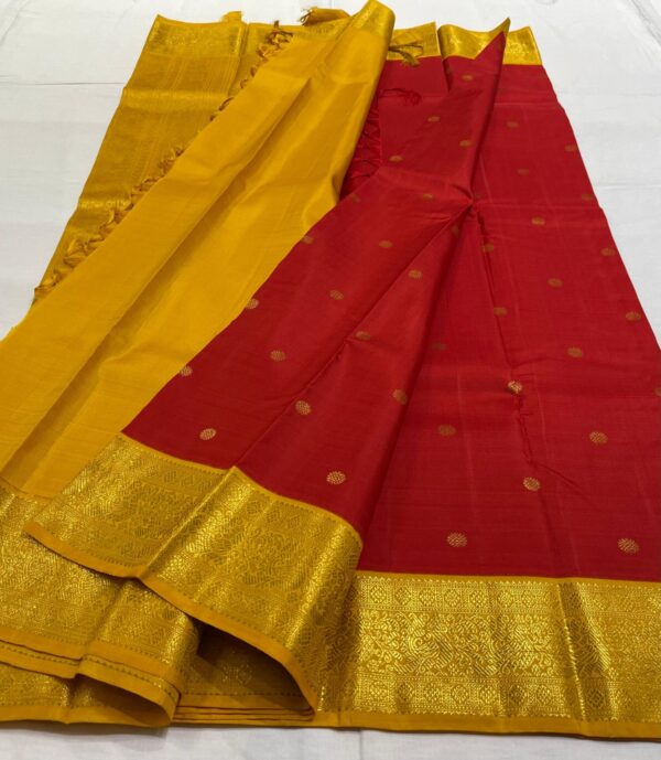 Kanjivaram Silk Saree In Red With Mango Yellow