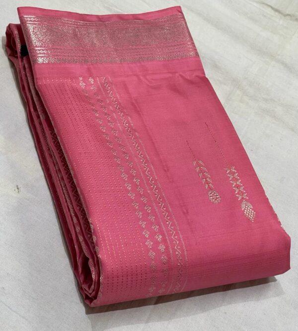 Coral Pink & Navy Blue Kanjivaram Silk Saree with Silver Zari