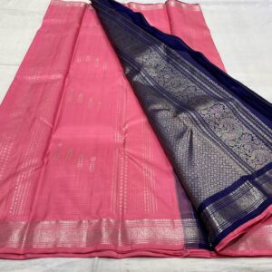 Coral Pink & Navy Blue Kanjivaram Silk Saree with Silver Zari