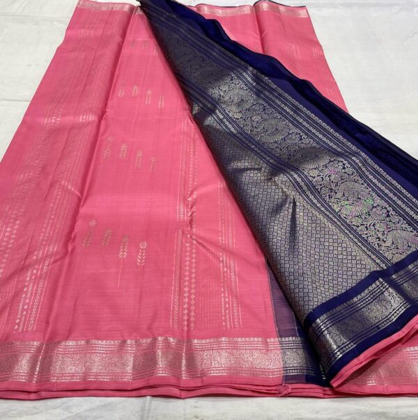 Coral Pink & Navy Blue Kanjivaram Silk Saree with Silver Zari