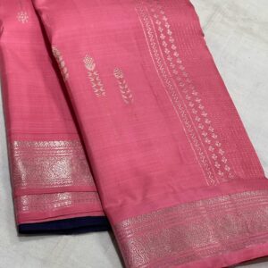 Coral Pink & Navy Blue Kanjivaram Silk Saree with Silver Zari