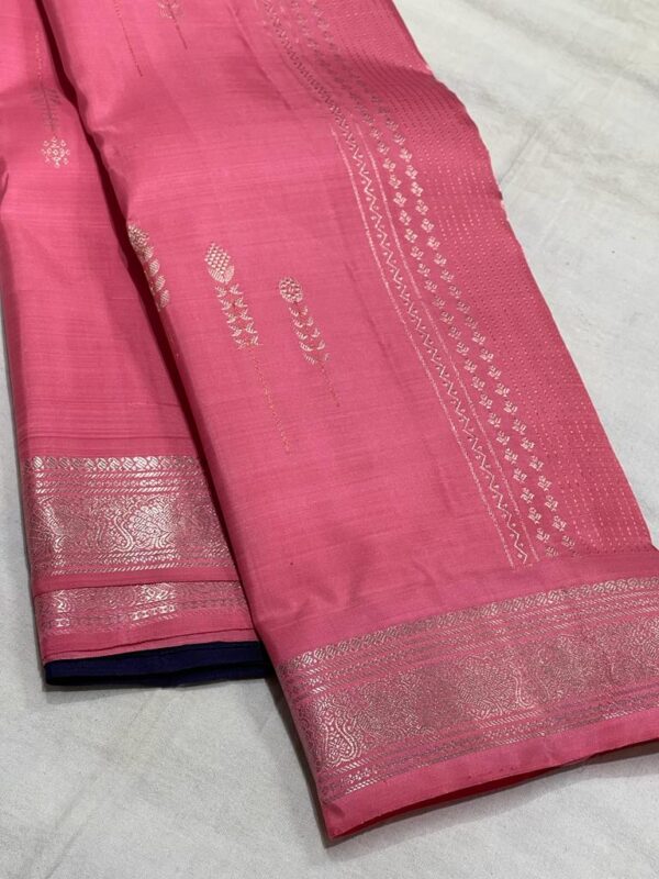 Coral Pink & Navy Blue Kanjivaram Silk Saree with Silver Zari