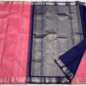 Coral Pink & Navy Blue Kanjivaram Silk Saree with Silver Zari