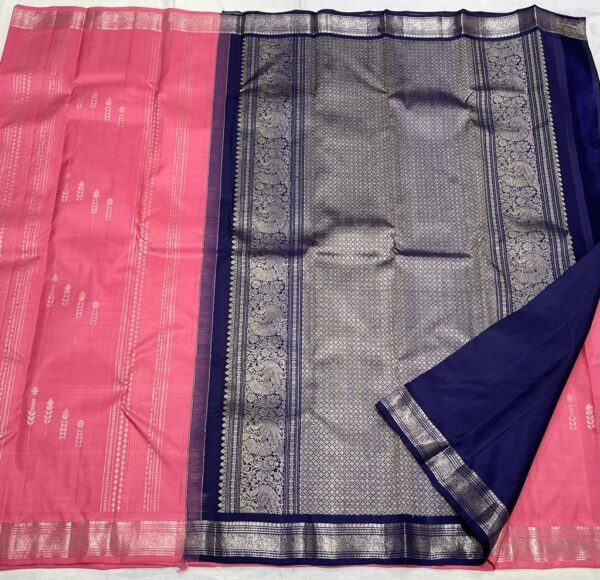 Coral Pink & Navy Blue Kanjivaram Silk Saree with Silver Zari