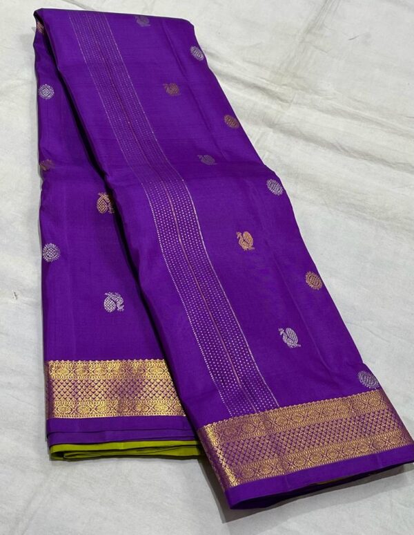 Kanjivaram Silk Saree in Royal Purple with Leaf Green