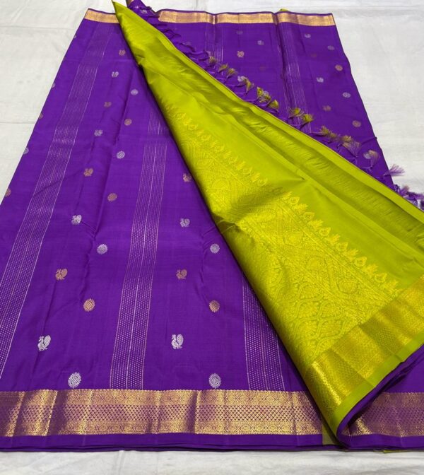 Kanjivaram Silk Saree in Royal Purple with Leaf Green