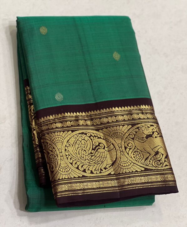 Kanjivaram Silk Saree in Peacock Green and Coffee Brown