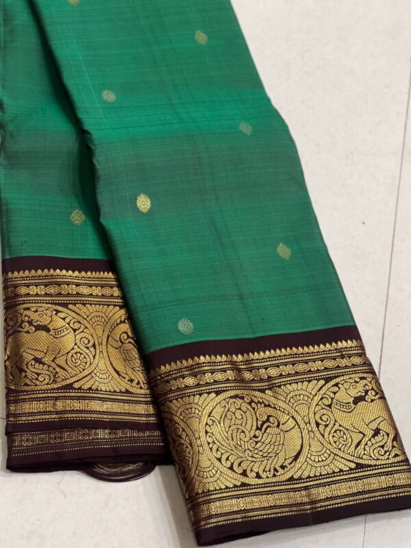 Kanjivaram Silk Saree in Peacock Green and Coffee Brown