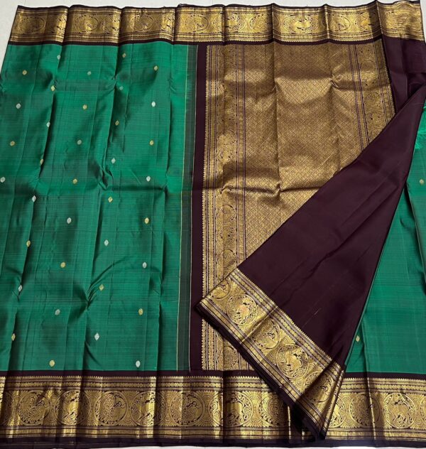 Kanjivaram Silk Saree in Peacock Green and Coffee Brown