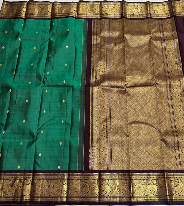 Kanjivaram Silk Saree in Peacock Green and Coffee Brown