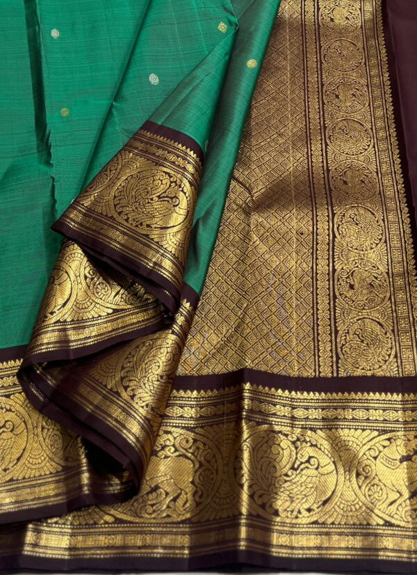 Kanjivaram Silk Saree in Peacock Green and Coffee Brown