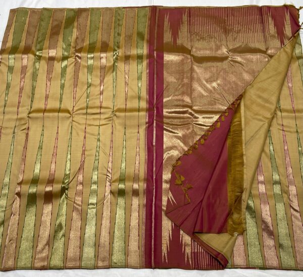 Olive Green Kanjivaram Silk Saree with Maroon Red