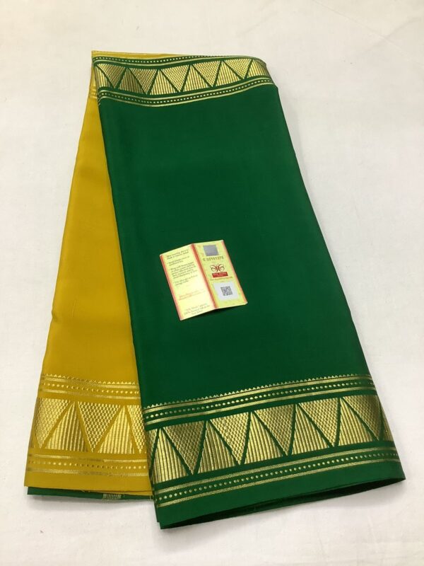 Pure Crepe Mysore Silk Sarees In Yellow With Green