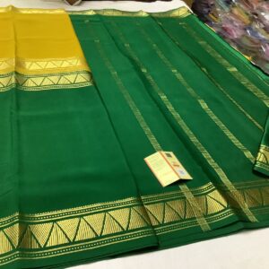 Pure Crepe Mysore Silk Sarees In Yellow With Green
