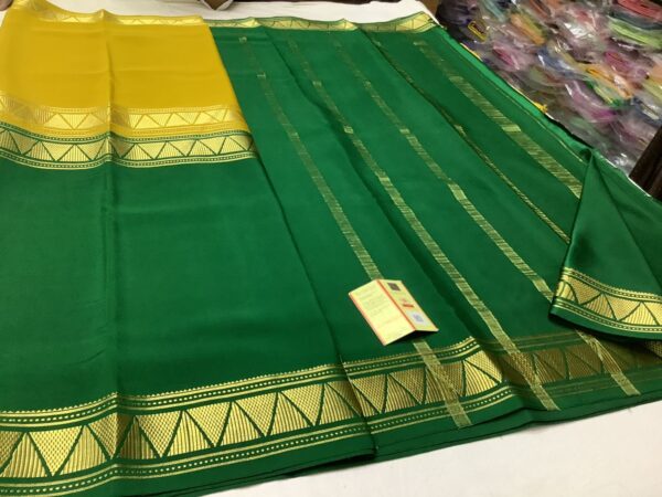 Pure Crepe Mysore Silk Sarees In Yellow With Green