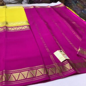Pure Crepe Mysore Silk Sarees In Yellow With Pink