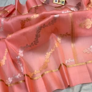 Beautiful Pure Banarasi kora organza silk saree In Coral Pink