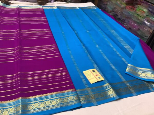 Pure Crepe Mysore Silk Sarees In Purple With Ananda blue