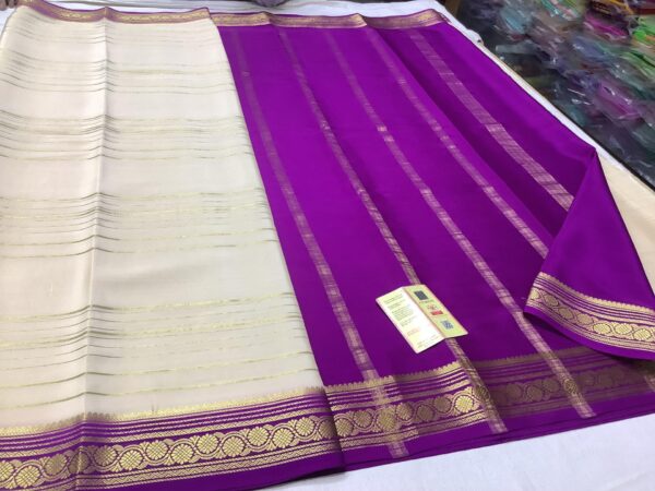 Pure Crepe Mysore Silk Sarees In Half White With Purple