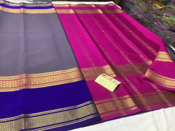 Pure Crepe Mysore Silk Sarees In Gray With Royal Blue