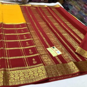Pure Crepe Mysore Silk Sarees In Maroon Red With Yellow
