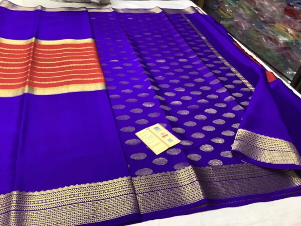 Pure Crepe Plain Mysore Silk Sarees In Royal Blue With Orange