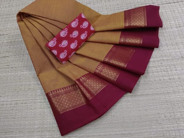 Kanchi Cotton Sarees In Mustard Yellow With Maroon Red