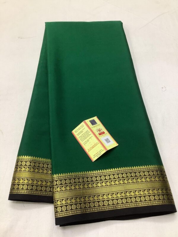 Pure Crepe Plain Mysore Silk Sarees In Bottle Green With Black